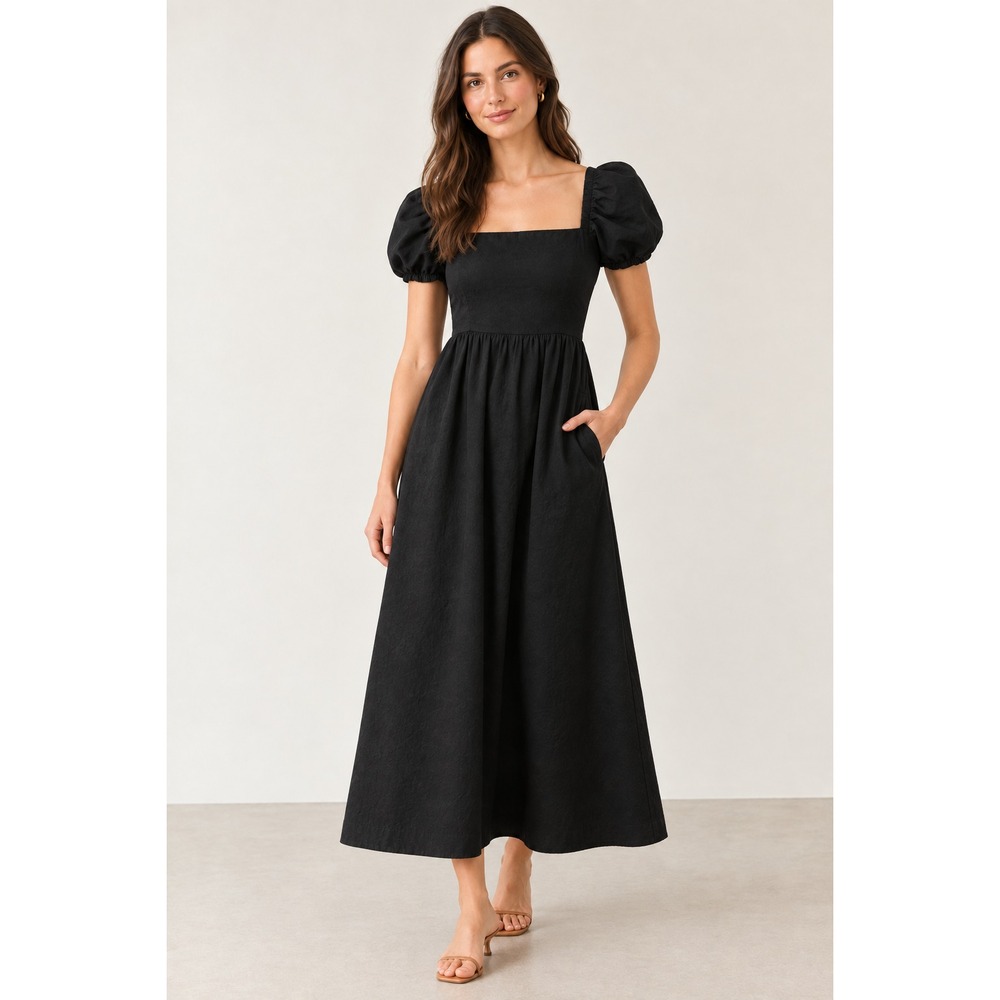 Tuckernuck Onyx Black Smocked Baxter Midi Dress size XXL 2XL Puff Sleeve Cotton